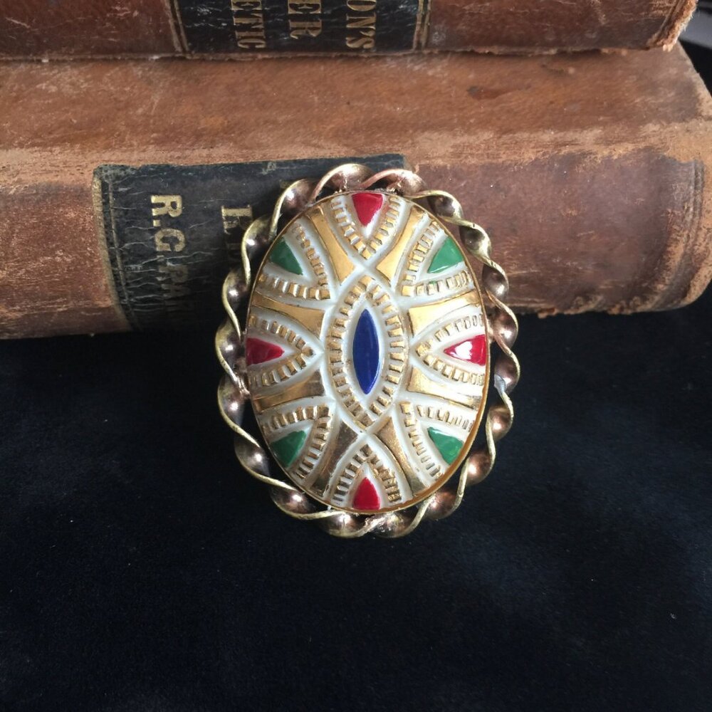 Art Deco Egyptian Revival Carved Enameled Glass and Gold Leafed Oval Brooch